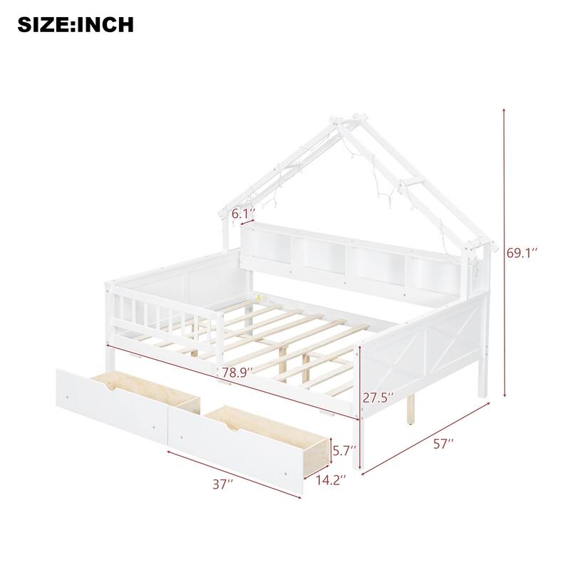 Roomfitters Wood Full Size House Platform Bed with Storage Shelves and Drawers, Cozy Frame with Guardrail
