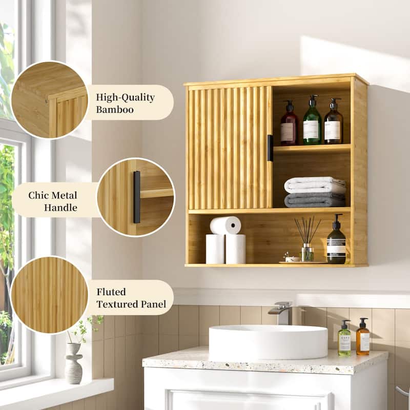 VEIKOUS Bamboo Wall Mounted Cabinet, Over Toilet Bathroom Organizer with Sliding Doors