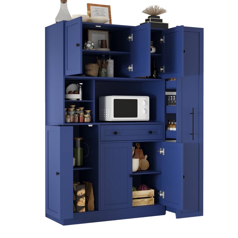 Roomfitters Large Kitchen Pantry Cabinet with Pull-Out Side Storage and Hutch, Shaker Style Buffet
