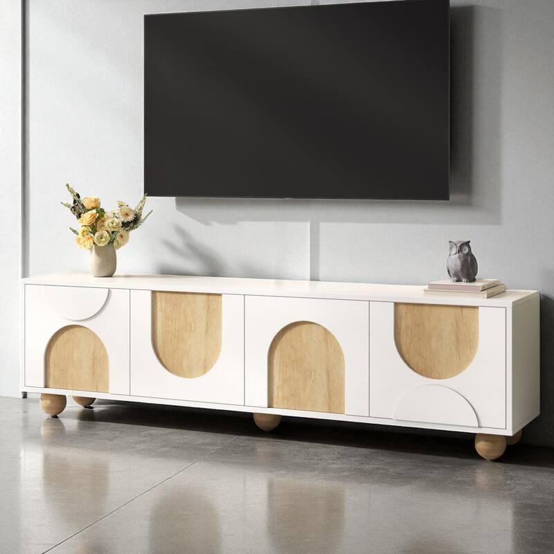 69.6" Farmhouse TV Stand for TVs up to 75", Media Console with Cable Holes, Rebound Doors, 5 Wood Legs