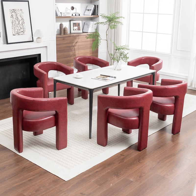 SEYNAR Modern Glam PU Leather Upholstered Dining Chair, Open-Back Accent Chair Set of 6 - Red