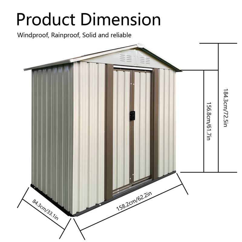 Durable 5x3 ft Metal Garden Storage Shed Waterproof UV-Resistant Outdoor Tool Organizer with Ventilation - 62.2" x 33.1" x 61.7"