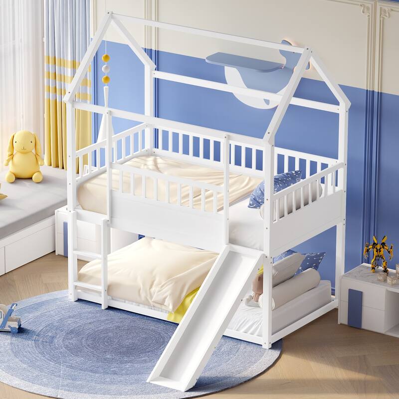Twin Over Twin Bunk Bed with Convertible Slide and Safety Guardrail