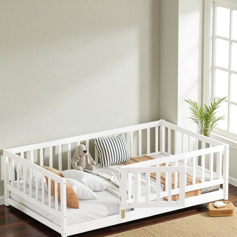 Twin/Full Montessori Floor Bed with Slats, Fence and Door, Wood Low Kids Bed for Girls and Boys, No Box Spring Needed