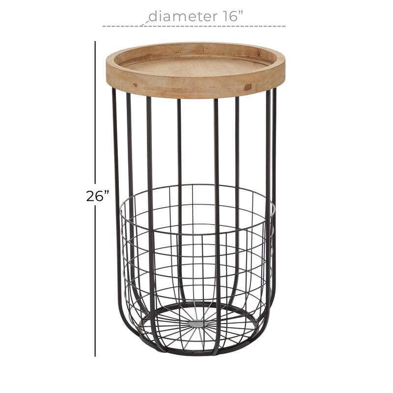 Black Metal Side End Accent Table with Brown Wood Top and Wire Basket Storage