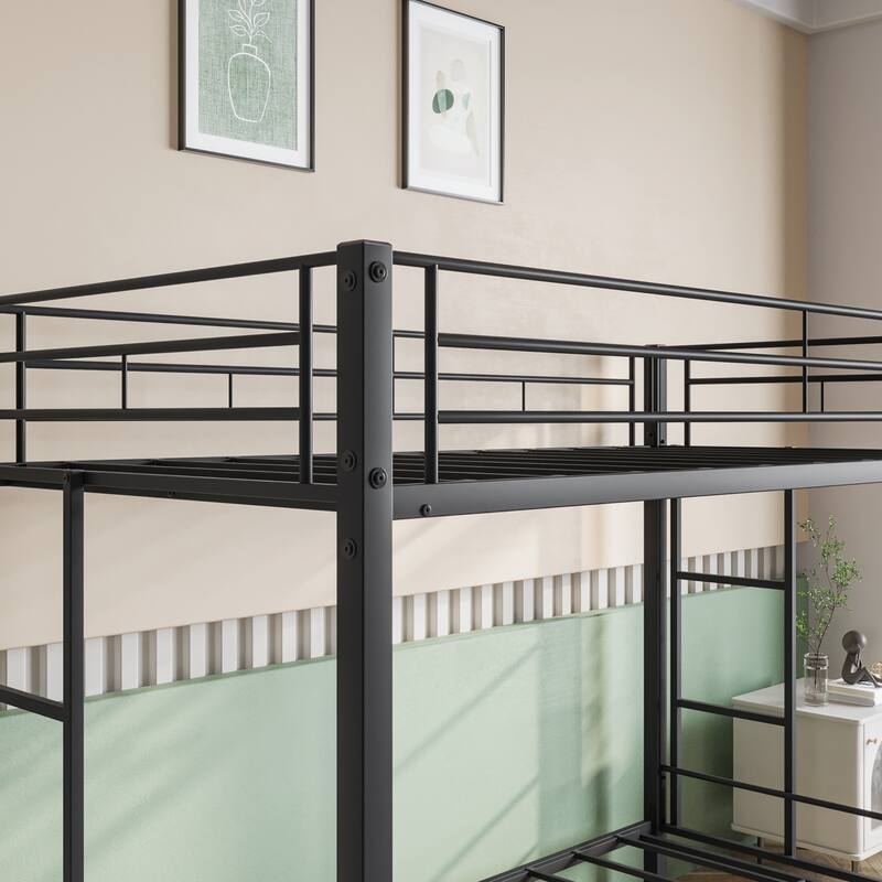 Heavy Duty Twin Over Twin Metal Bunk Bed with Shelf, Safety Rails & Slatted Support - No Box Spring Needed