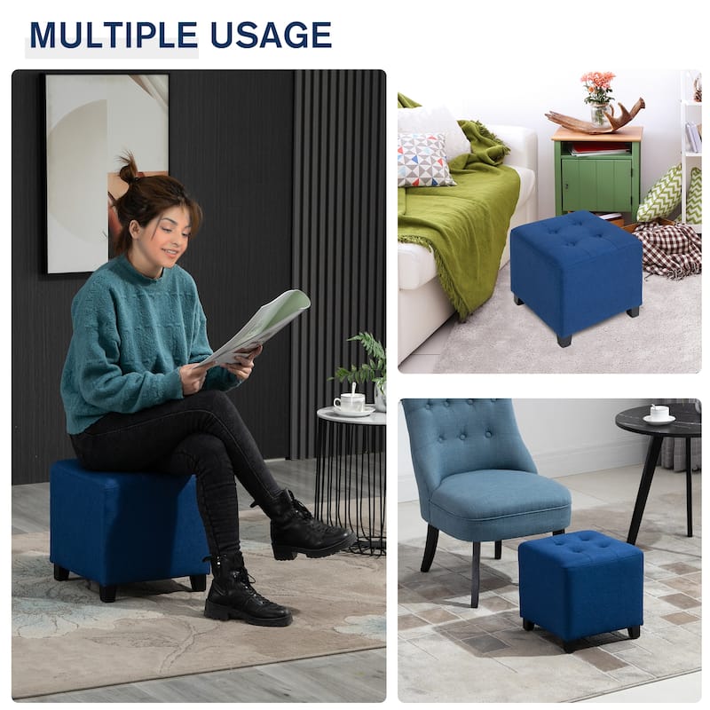 HOMCOM Tufted Ottoman Linen-Touch Fabric Upholstered Footrest Stool with Anti-Slip Pads