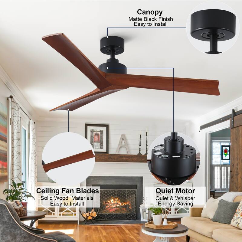 YUHAO SylvanAir Modern 52 in. Flush Mount Outdoor/Indoor Ceiling Fan with 3 Solid Wood Blades and DC Reversible Motor