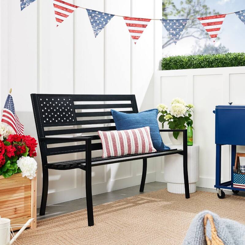 Black Steel Patriotic Outdoor Bench Curved Slatted Seating 50-Inch - 50"(L) x 26.75"(W) x 37.25"(H)