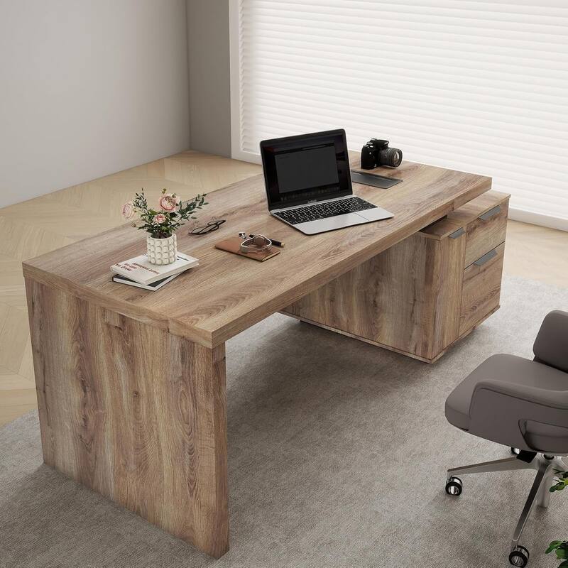 WESOME Modern Width Adjustable Executive Desk with Storage Cabinet