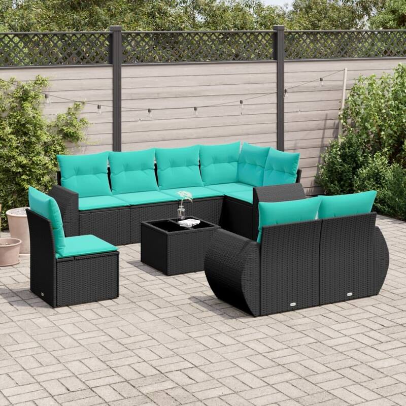 vidaXL 8 Piece Patio Sofa Set with Cushions Black Poly Rattan - 28 x 24.4 x 27.2-With table