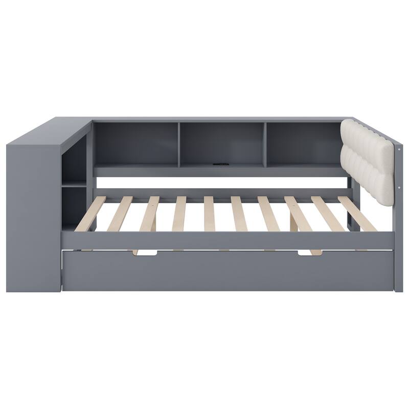 Upholstered Sofa Bed, Wood Daybed, L-shaped Bed Frame with Desk, Shelves, Charging Station, and Optional with Trundle or Drawers