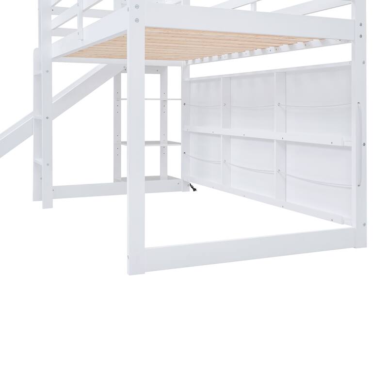 Twin House Loft Bed with Slide, Shelves, and Light for Kids