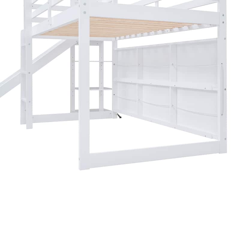 Twin Size Wood Loft Bed with Slide, Storage Shelves, and Light in White
