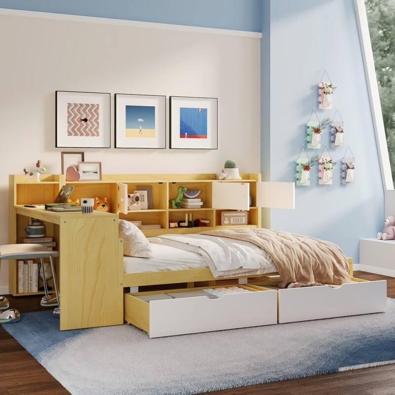 Modern Wooden L-shape Multi-functional Daybed with Study Desk and Built-in Bookshelf - Natural - Full