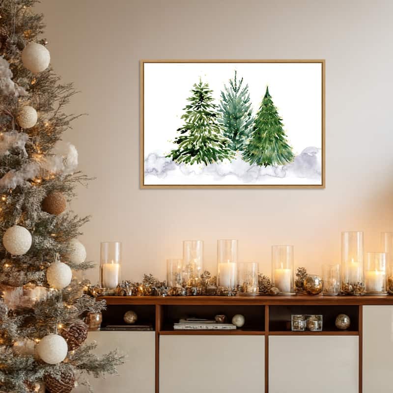 Three watercolor Christmas trees by Rosana Laiz Blursbyai Framed Canvas Wall Art Print