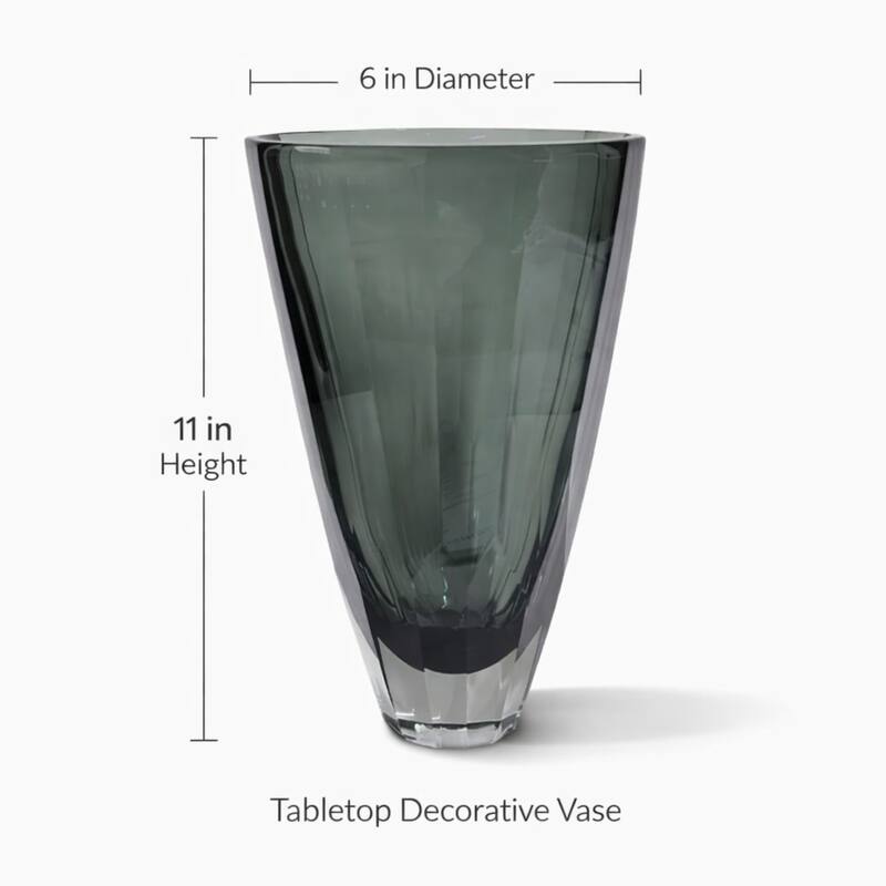 Large Fancy Cut Smoky Gray Glass Vase Modern Decorative Accent