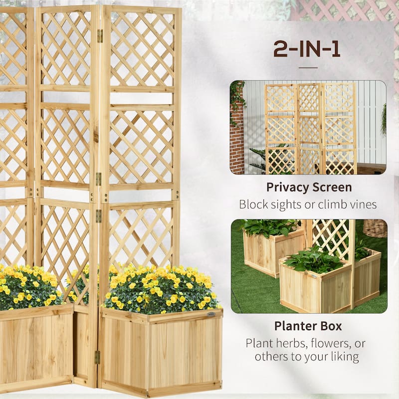 Outsunny Freestanding Outdoor Privacy Screen with 4 Self-Draining Raised Garden Beds, 3 Hinged Privacy Panels