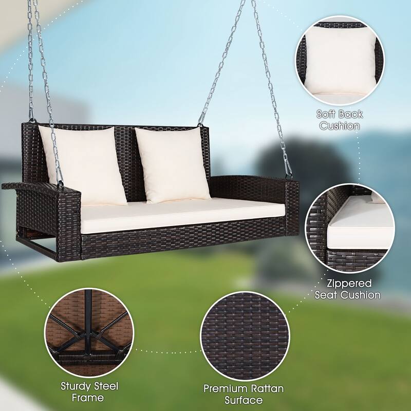 Costway 2-Person Patio Rattan Hanging Porch Swing Bench Chair Cushion