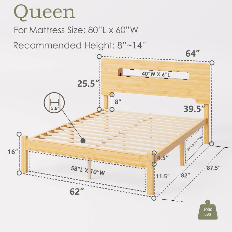 14" Heavy Duty Bamboo & Metal Platform Bed Frame with Headboard