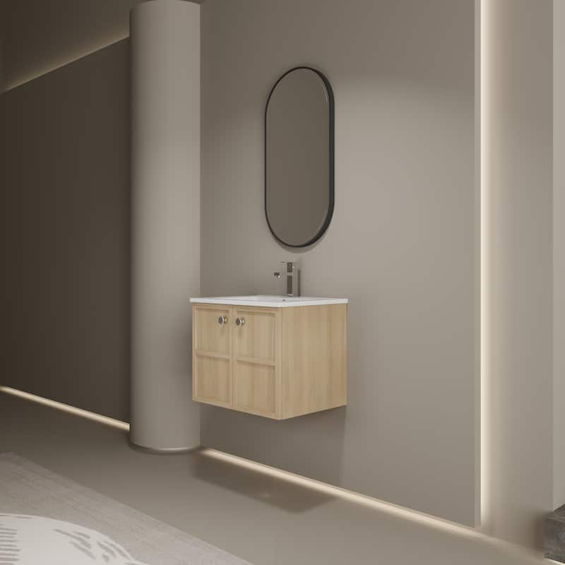 GDFStudio - Cairo Modern Wall-Mounted Bathroom Vanity Set with Scratch-Resistant Resin Sink & Soft Close Doors - 24" - Oak