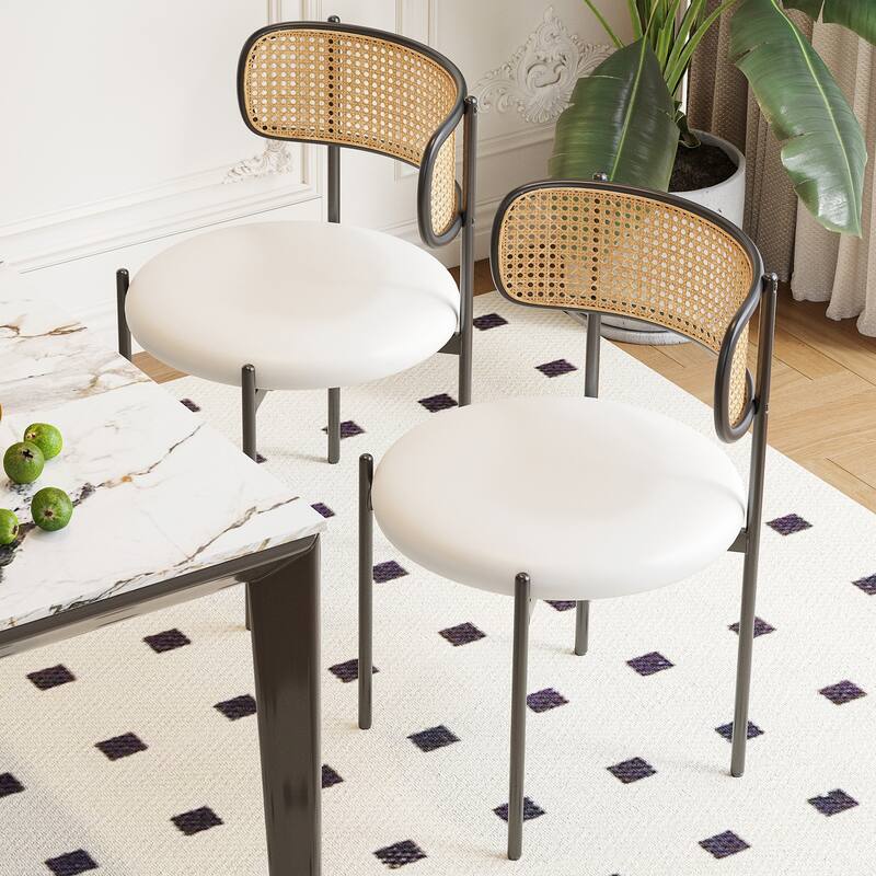 Dining Chairs Set of 4, PU Leather Upholstered Seat with Woven Rattan Back, Sturdy Metal Legs Modern Side Chairs
