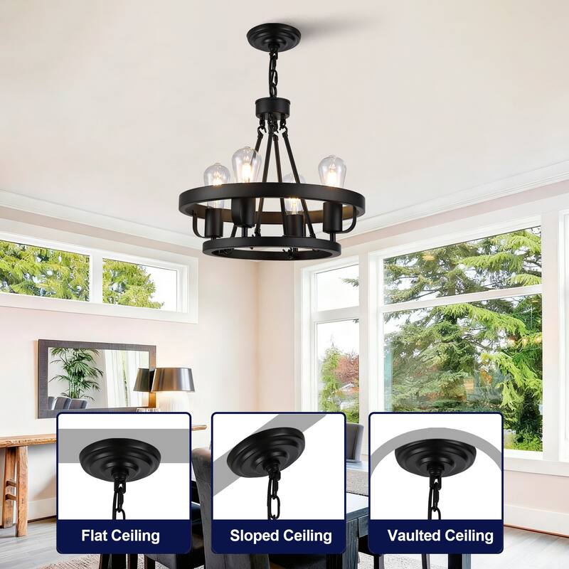 4-Light Plug-in Pendant Lamp, Black Circular Metal Pendant with 39.5 Foot Chain