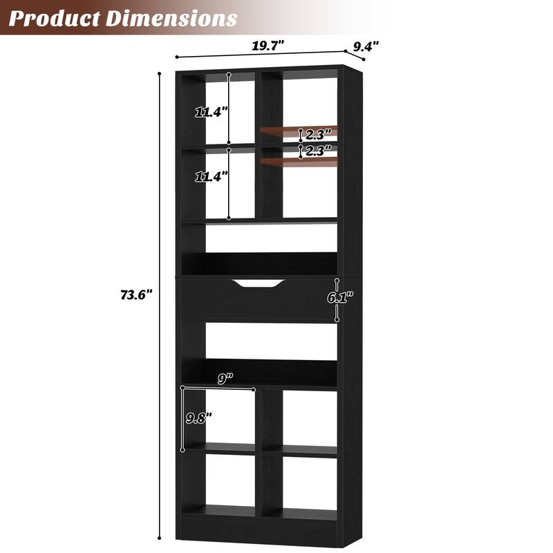 Freestanding 74" Tall Bookcase with Drawer,8-Tier Bookshelf Open Display Shelves for Living Room Home Office, Bedroom
