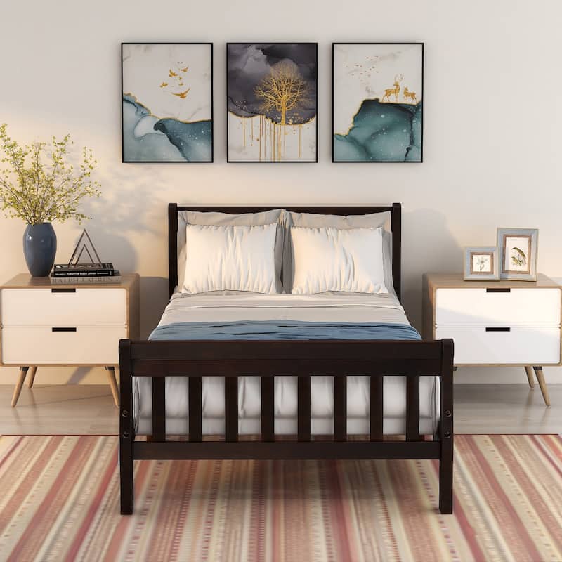 Classic Sleigh Bed Twin Size Platform Bed with Hollow Design Headboard and Footboard, Solid Wood Frame with Slat Support