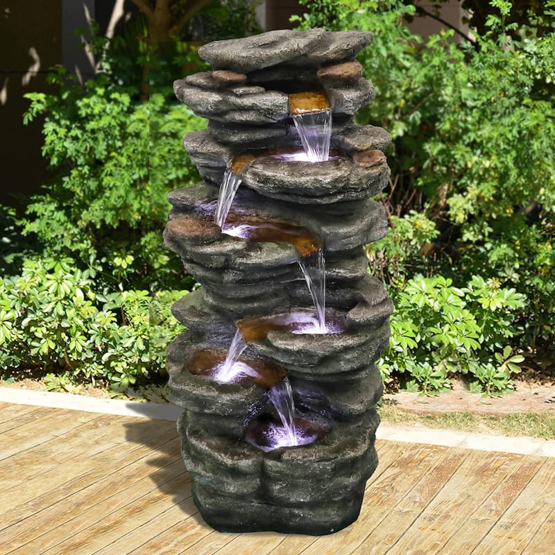 6-Tier Rock Water Fountain w/LED Lights - Outdoor Waterfall for Garden