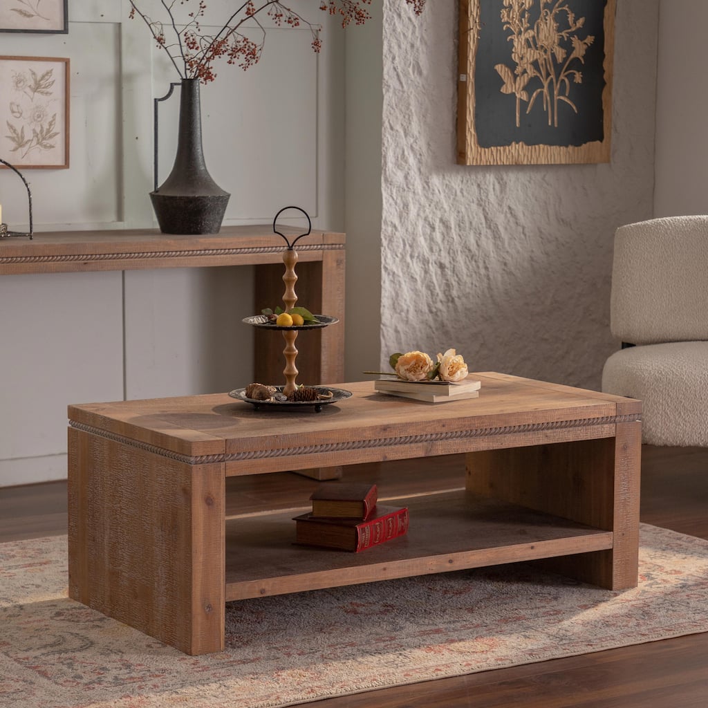 Rustic Rectangle Coffee Table - 2-Tier Storage, Solid Wood, Large