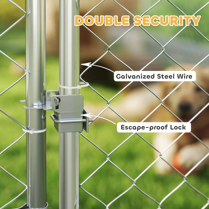 PawHut Outdoor Dog Kennel, Heavy Duty Dog Run with Adjustable & Rotatable Bowl Rack, Waterproof UV-Resistant Cover