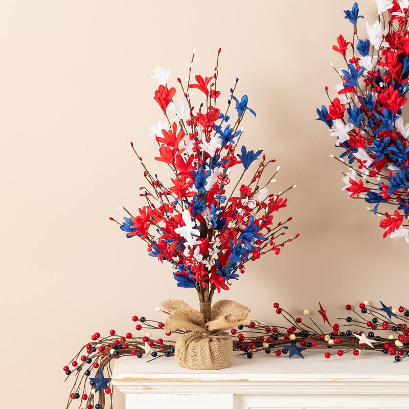 Glitzhome 21"H Patriotic/ Americana Red White Blue Floral Table Tree
