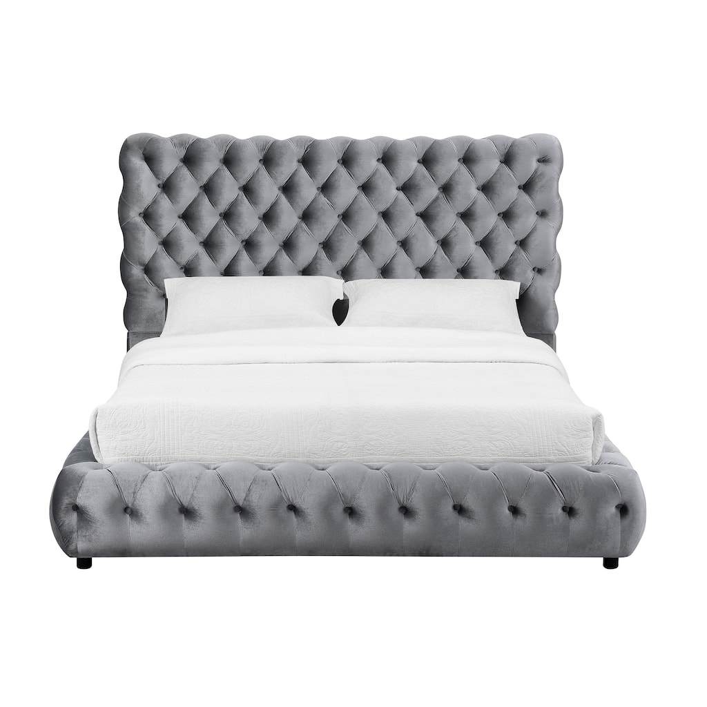 Mirilla Gray Velvet Upholstered Tufted Platform Bed