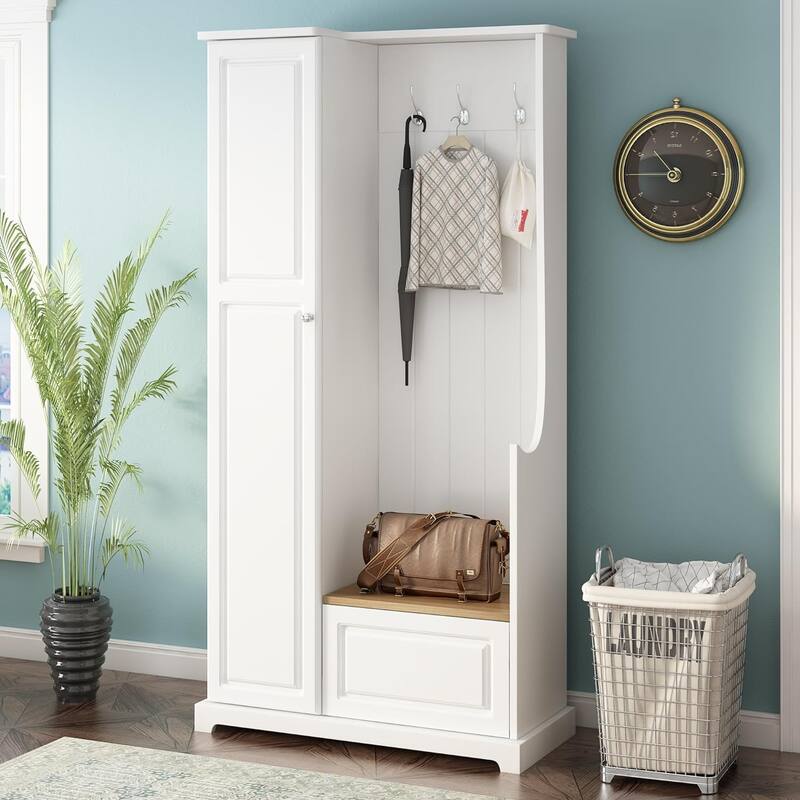 Multifunctional Hall Tree With 3 Hooks Flip-Up Bench Adjustable Shelves Entryway Coat Hanger - White