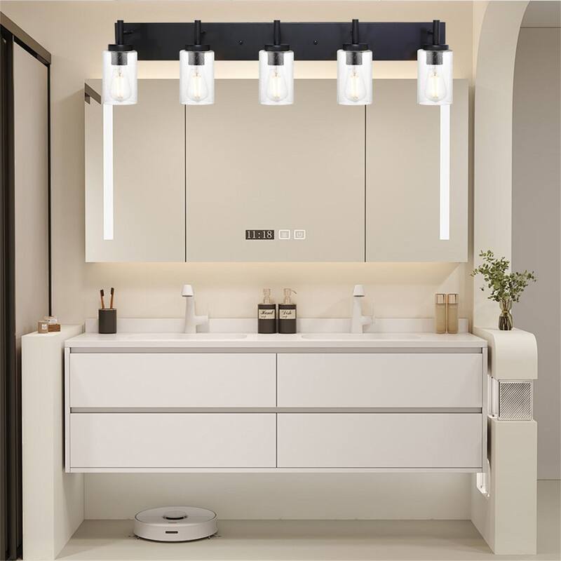 5-Light Black Vanity Light with Seeded Glass Shades - Black
