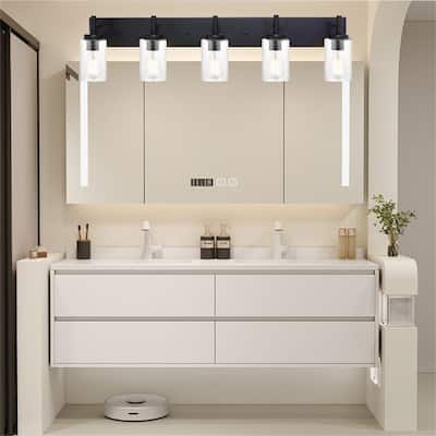 5-Light Black Vanity Light with Seeded Glass Shades