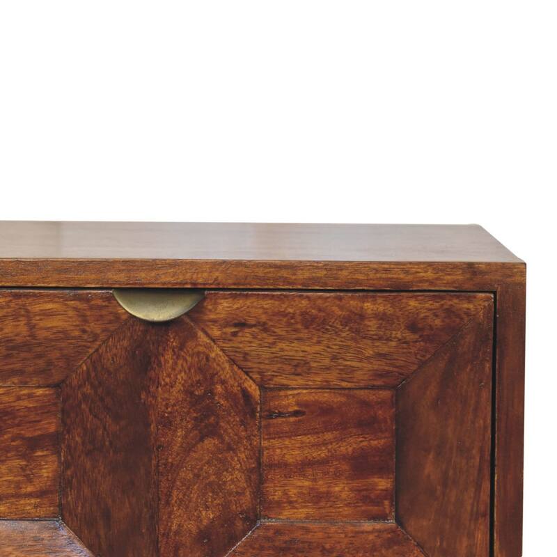 HomeRoots 24" Chestnut Solid Wood Square Carved Geometric Two Drawer Nightstand