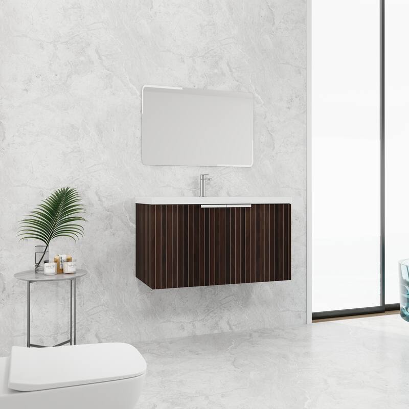 48in Bathroom Vanity with Resin Sink, Soft Close Hinges, 3 Doors, Eco-Friendly Design, Wall-Mounted Floating Cabinet