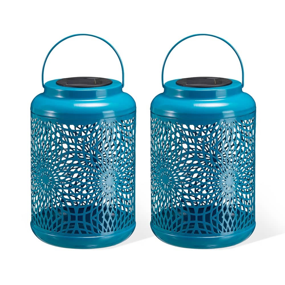 Glitzhome Set of 2 Metal Cutout Solar LED Outdoor Waterproof Hanging Lanterns