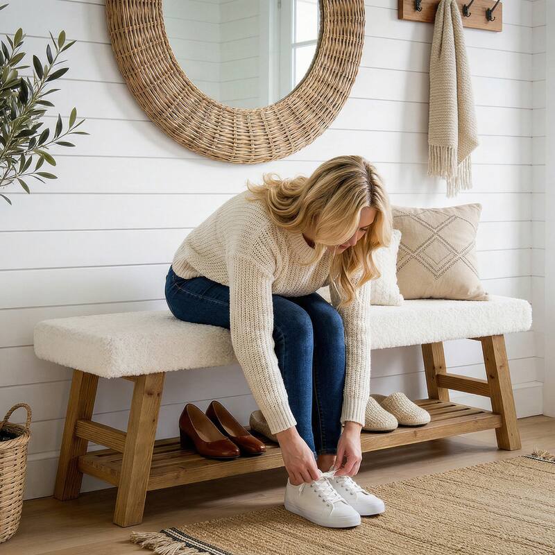 55 Inch Upholstered Entryway Bench with Cushion, Solid Wood Shoe Rack Bench with Shelf for Bedroom, Kitchen, Dining Room