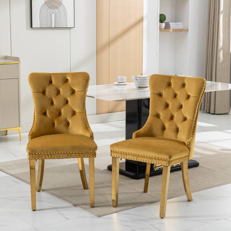 Tufted Solid Wood Velvet Upholstered Dining Chair with Gold Stainless Steel Leg