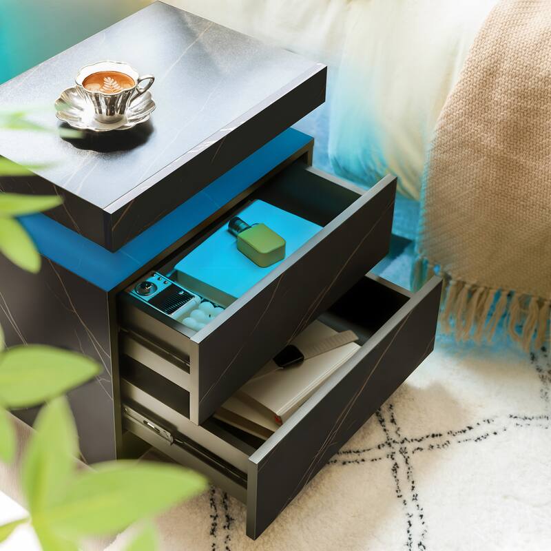 Modern LED Nightstand with Adjustable Lights and 2 Drawers for Bedroom and Living Room
