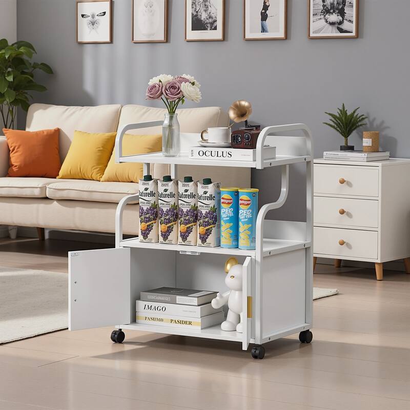 Javlergo 2-in-1 White Rolling Utility Cart with Outlets & USB Ports 3-Tier Open Shelf or 2-Tier with Door Cabinet Office Cart