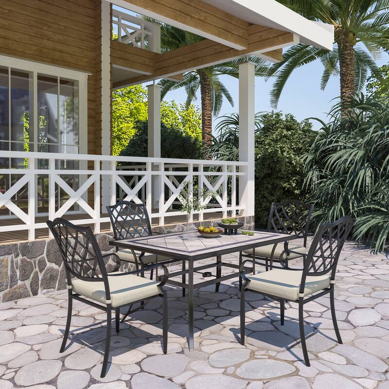 Cast Aluminum 5-Piece Outdoor Patio Dining Set with Ceramic Tile Top Table and Chairs
