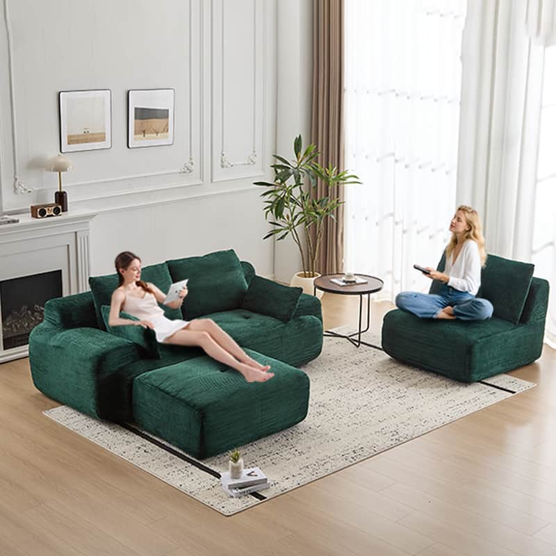 Ergonomic Deep Seat L-shaped Sectional Sofa with Chaise, Pet-Friendly Corduroy Modular Memory Foam Compressed Couch with Ottoman