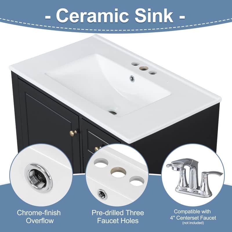 30-Inch Bathroom Vanity With Sink, One Door With Shelf And Three Drawers, Soft-Close Door. - 30"