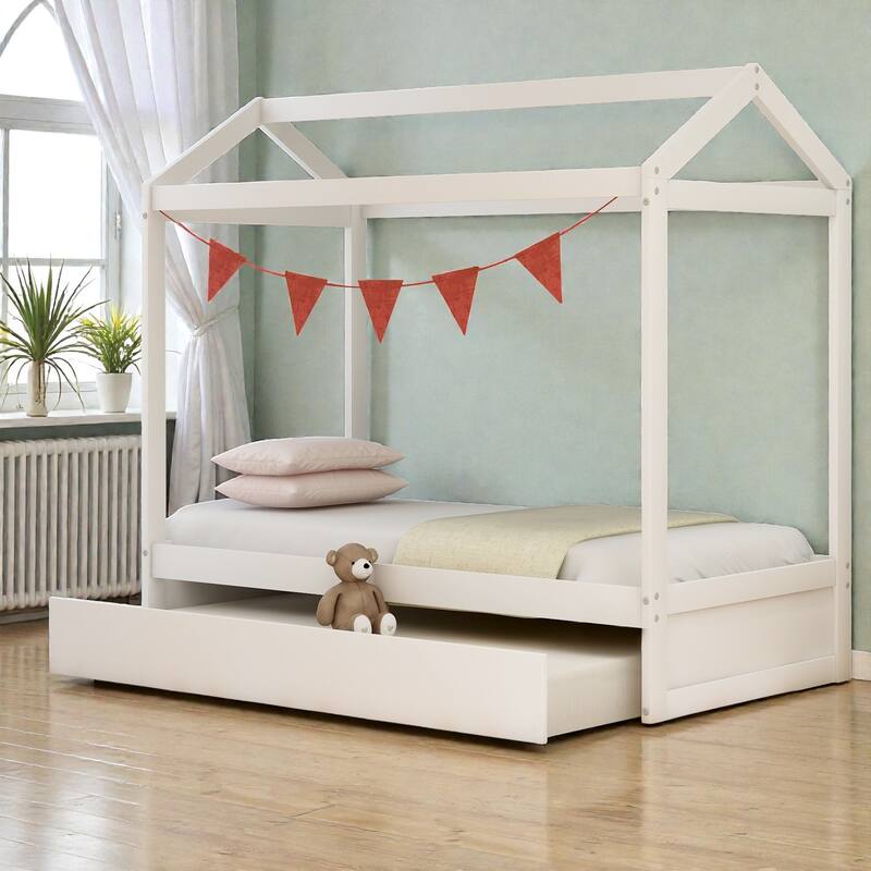 Twin Size House Bed with Trundle, Pine Wood Frame, Roof Design, Kids Playhouse Bed with Decor-Friendly Rails