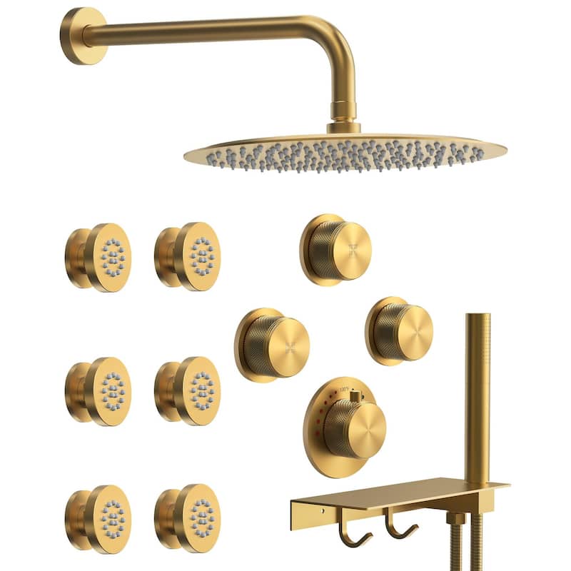 GRANDJOY Shower Faucet System 12" Wall Mount Rainfall Shower Head Body Jets Handheld Spray with Hose Thermostatic