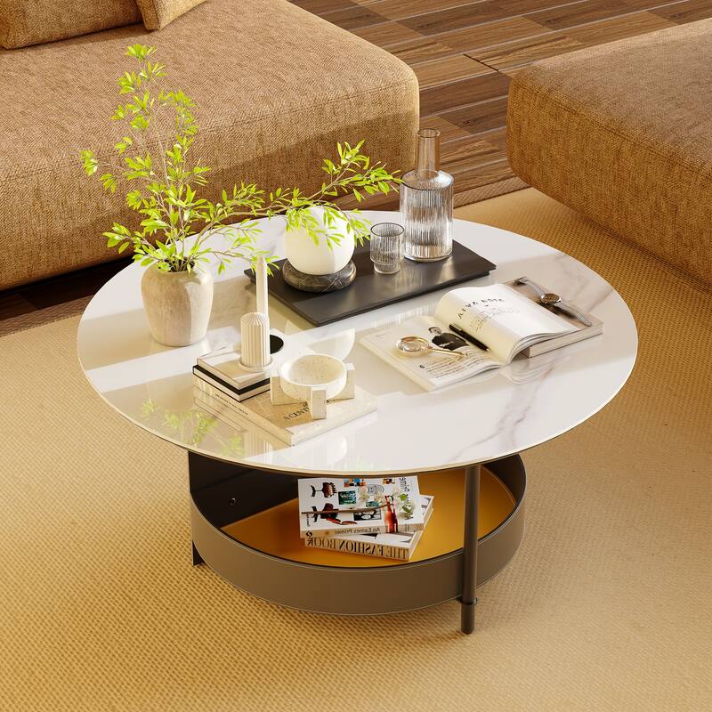 Sintered Stone Round Coffee Table Microfiber Saddle Leather Covered